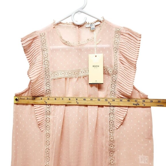 Womens Blush Pink Sleeveless Ruffle Blouse With Lace Accents By Blāshe Size L - Picture 7 of 9